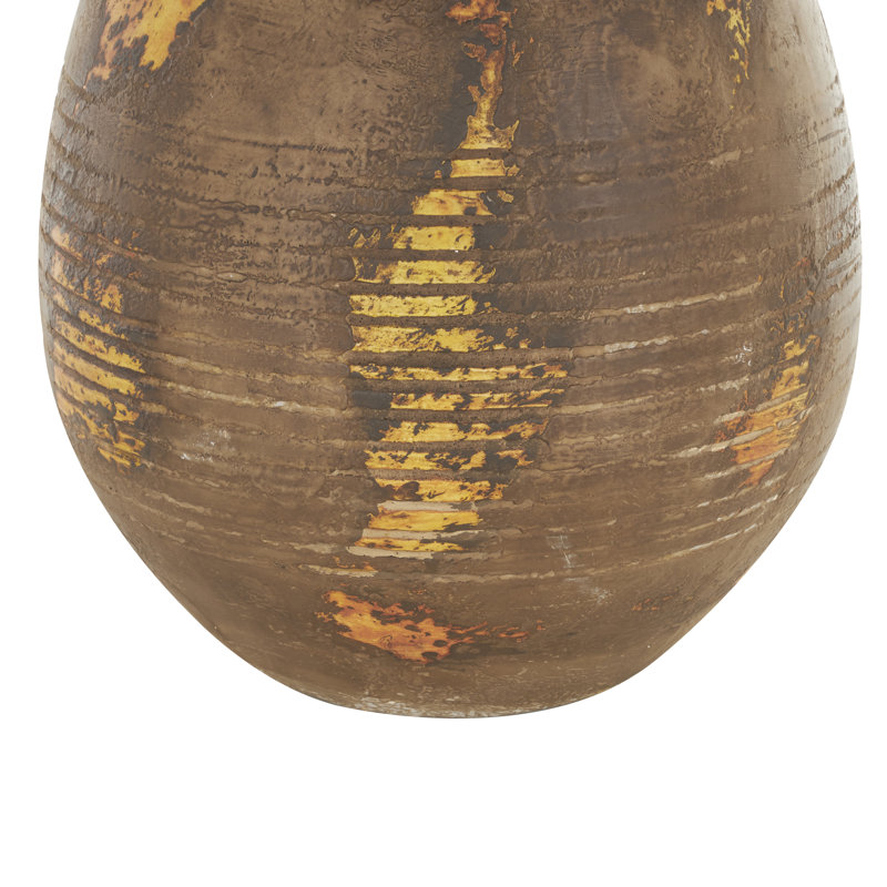 Anelis Ceramic Antique Style Distressed Decorative Brown Vase with Grooves and Handles