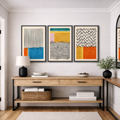 Abstract Vibrant Color Blocks "Mid-century Modern Colorful Blocks Artwork, Multicolor Geometric Wall Pictures, Large Framed Canvas Giclee Print 3 Pieces Wall Art Set"