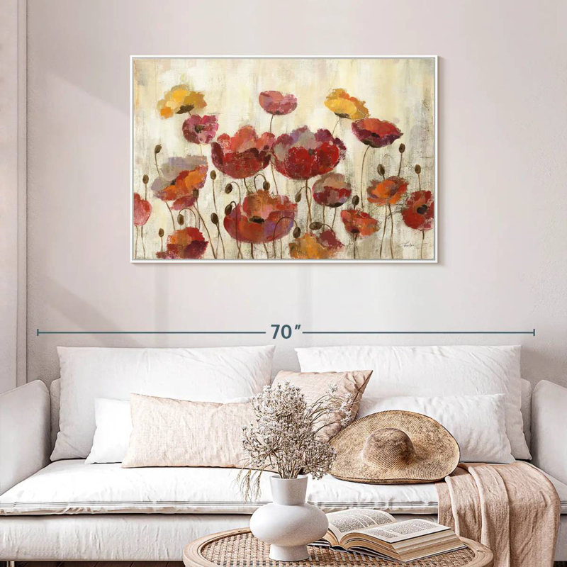 Coquelicots sous la pluie, Cadre flottant blanc, 43 po x 29 po