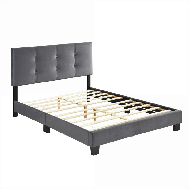 Lit double en bois massif pleine grandeur avec tête de lit ajustable en velours gris foncé et aucun sommier tapissier