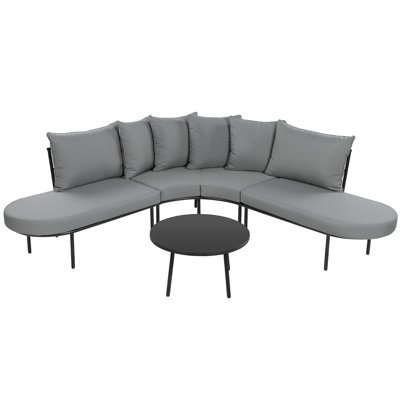 All - Weather Gray Outdoor Conversation , Half Moon Curved With Coffee Table, 6 Seats, Stable Structure Indoor : Iron Frame, Person Capacity, Cushions For Garden And Living Areas