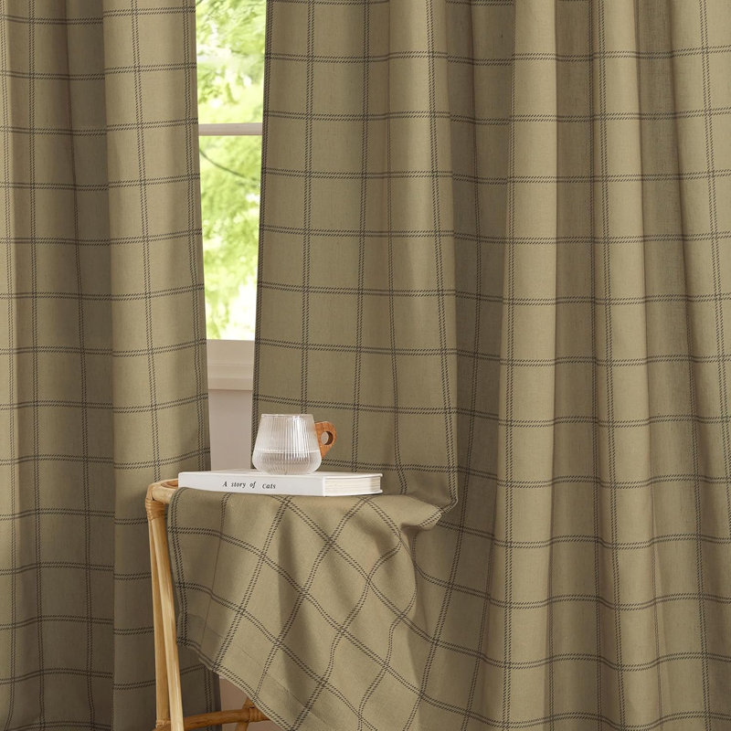 Linen Plaid Curtains Modern Window Panels Check Tartan Light Filtering Curtains for Living Room Bedroom, Rod Pocket Back Tab, 2 Panels