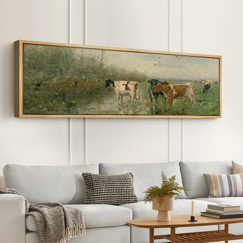 Scène pastorale avec des vaches au bord du ruisseau, art moderne, H 20 po x l 60 po, Natural