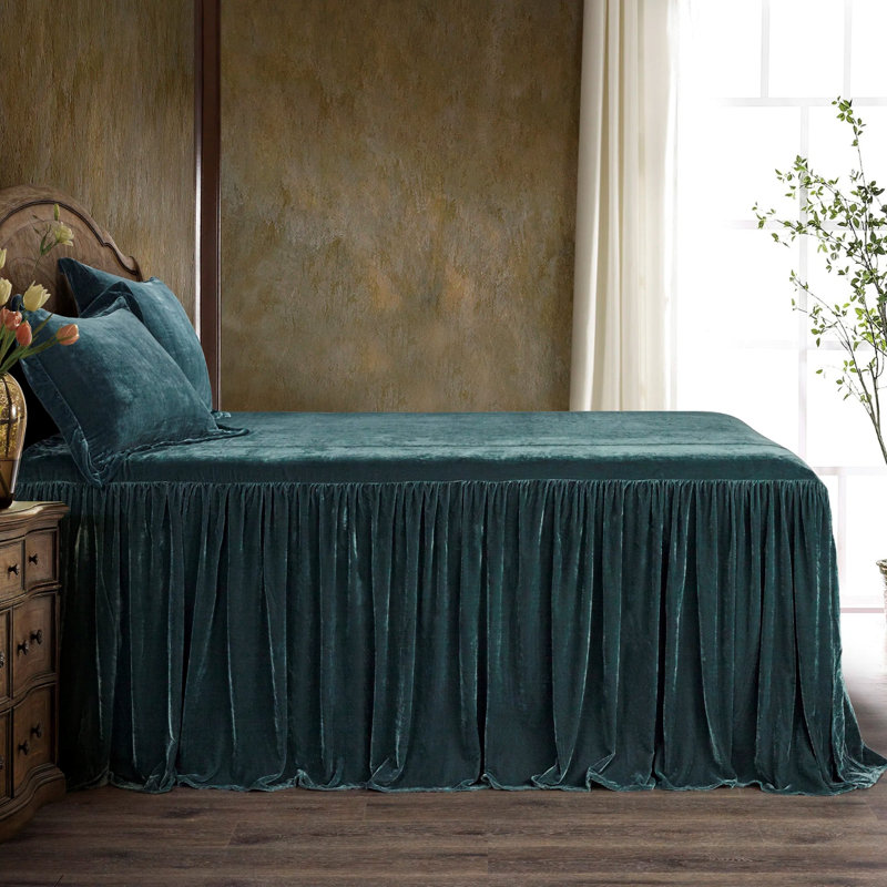 Stella Faux Silk Velvet Romantic Western Ruffle Skirt Bedspread Set, King Bedspread + 2 King Shams, Storm Blue
