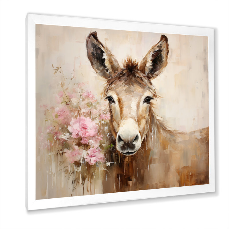 Portrait rétro d'âne brun I - art mural âne, Cadre simple blanc, H 30 po x l 30 po x P 1,5 po