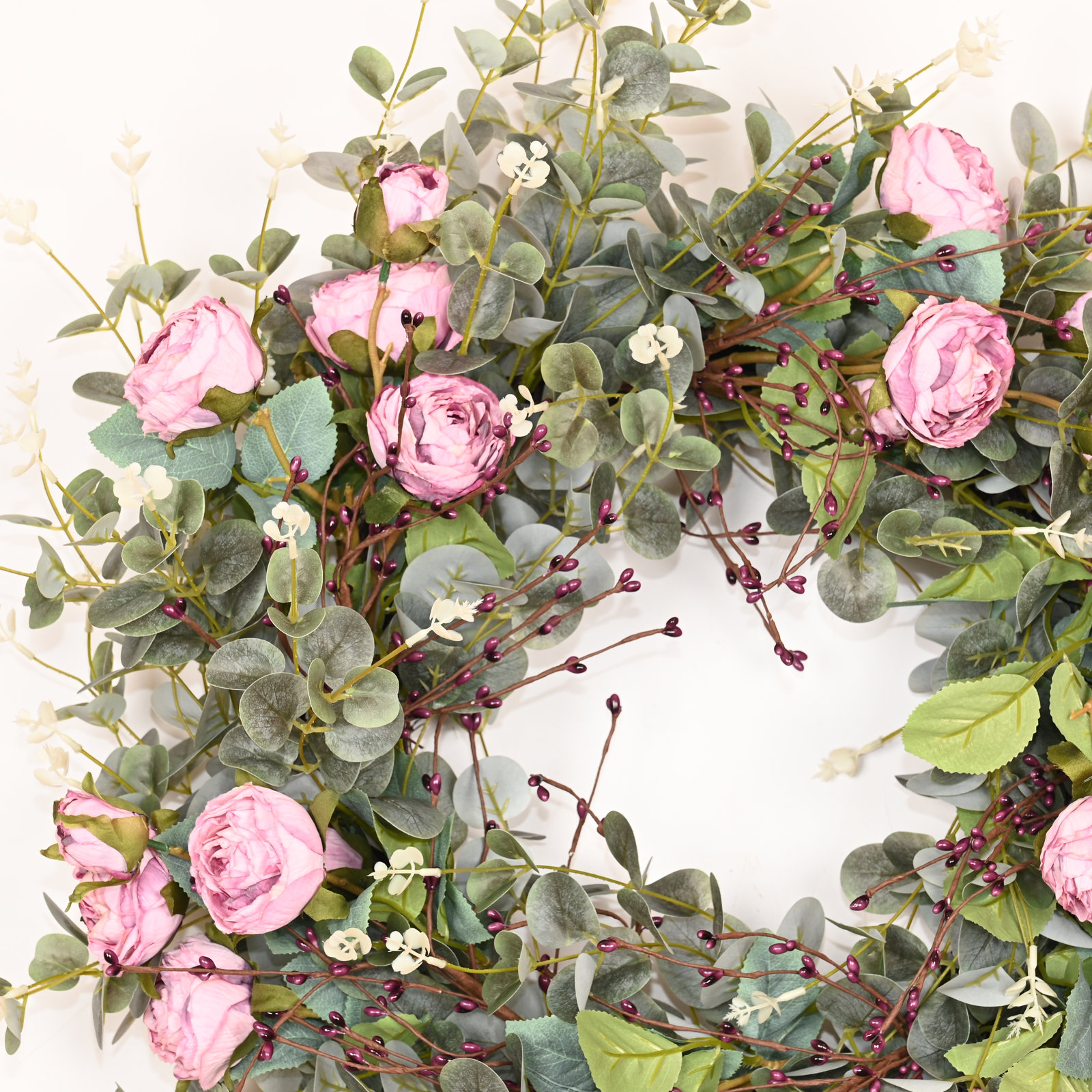 26" Handcrafted Eucalyptus Rose No Holiday Wreath, Purple