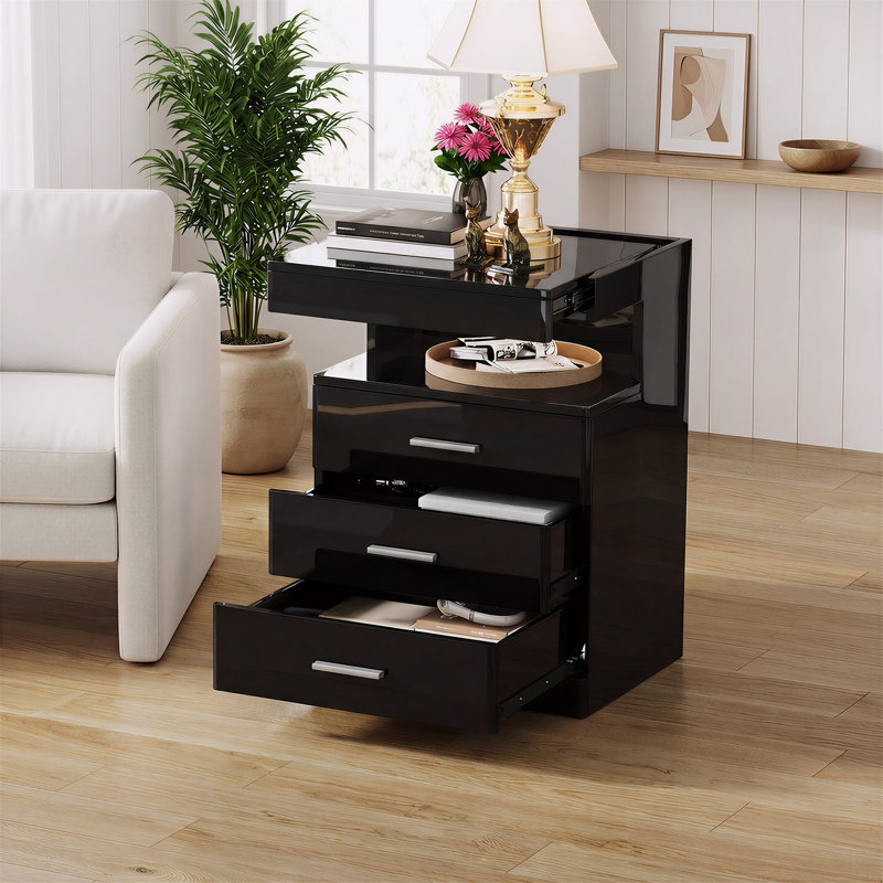 Table de chevet DEL brillante 26,7 po avec espace caché et station de charge Led (ensemble de 2), Noir