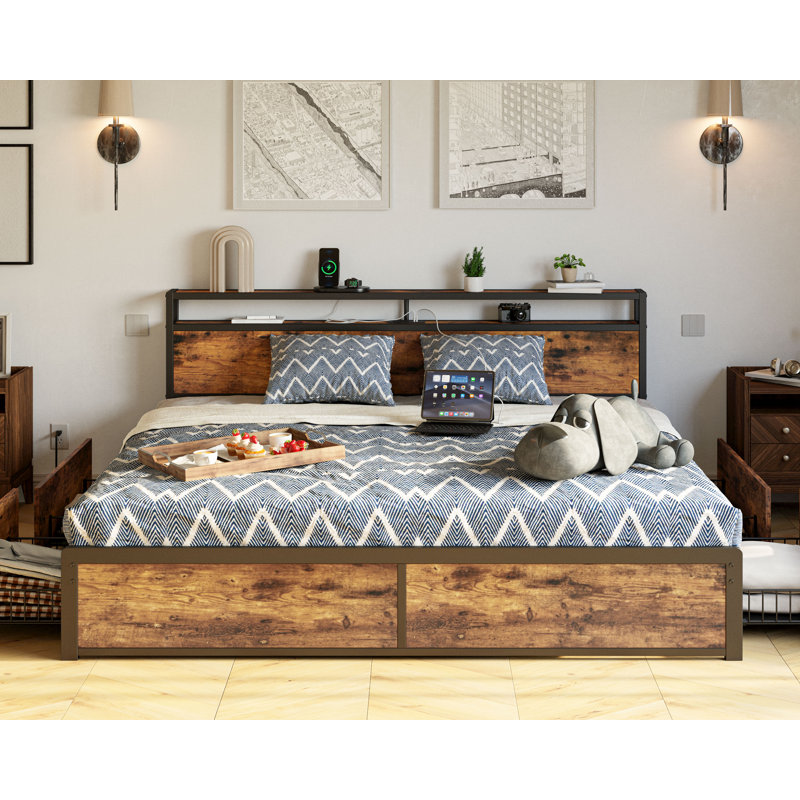 Industrial King Platform Bed with 4 Drawers & Integrated Charging Station, Featuring Headboard Shelf , Rustic Brown