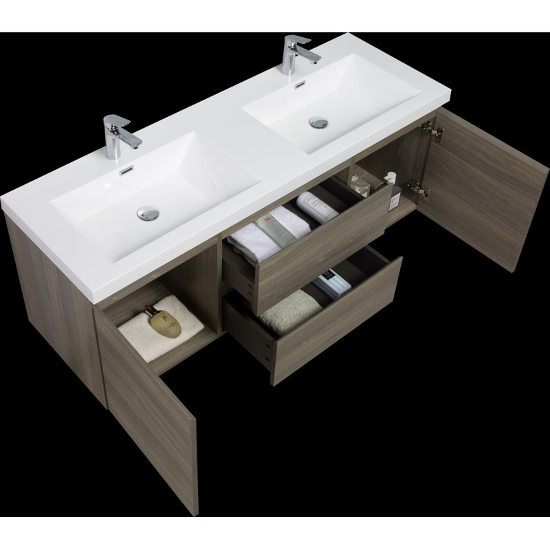 Meuble-lavabo mural avec lavabo, meuble de rangement pour salle de bain avec deux lavabos en résine