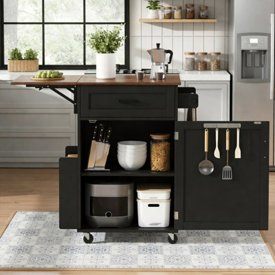 39.4-Inch Farmhouse Style Kitchen Island With Folding Tabletop, Open Side Shelves, Drawers, Towel Rack, Locking Casters, Kitchen Trolley, Garden Suitable