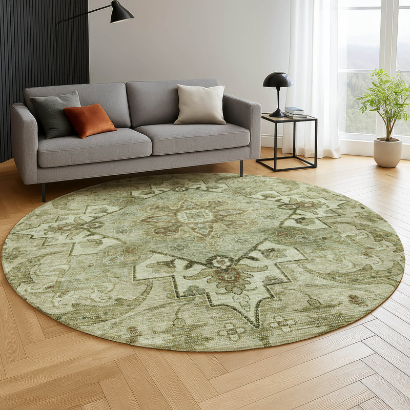 Premium Machine Washable Mayfield AMF2164 global Rug, Round 8' , Sage
