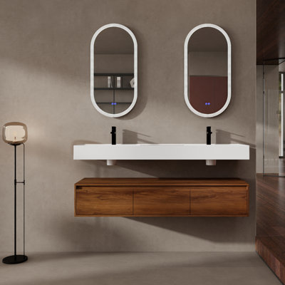 Meuble-lavabo mural de 60 po avec lavabos doubles en résine, tiroirs à fermeture en douceur et conception flottante