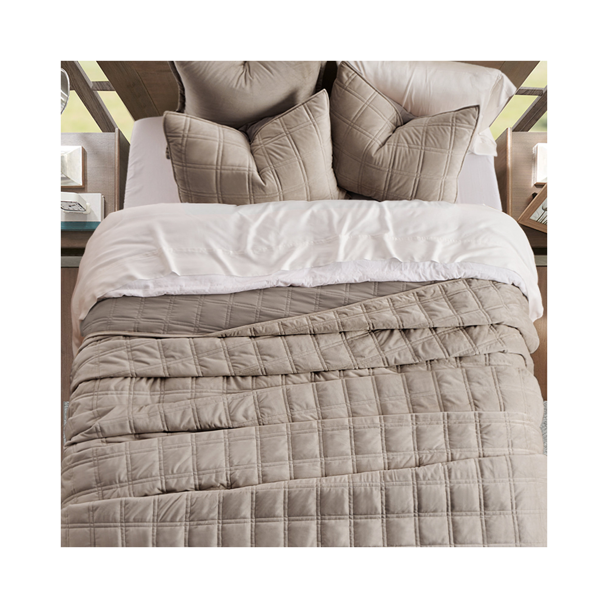 Double Box Stitch Velvet Quilt set, King Quilt + 2 King Shams, Mocha Brown