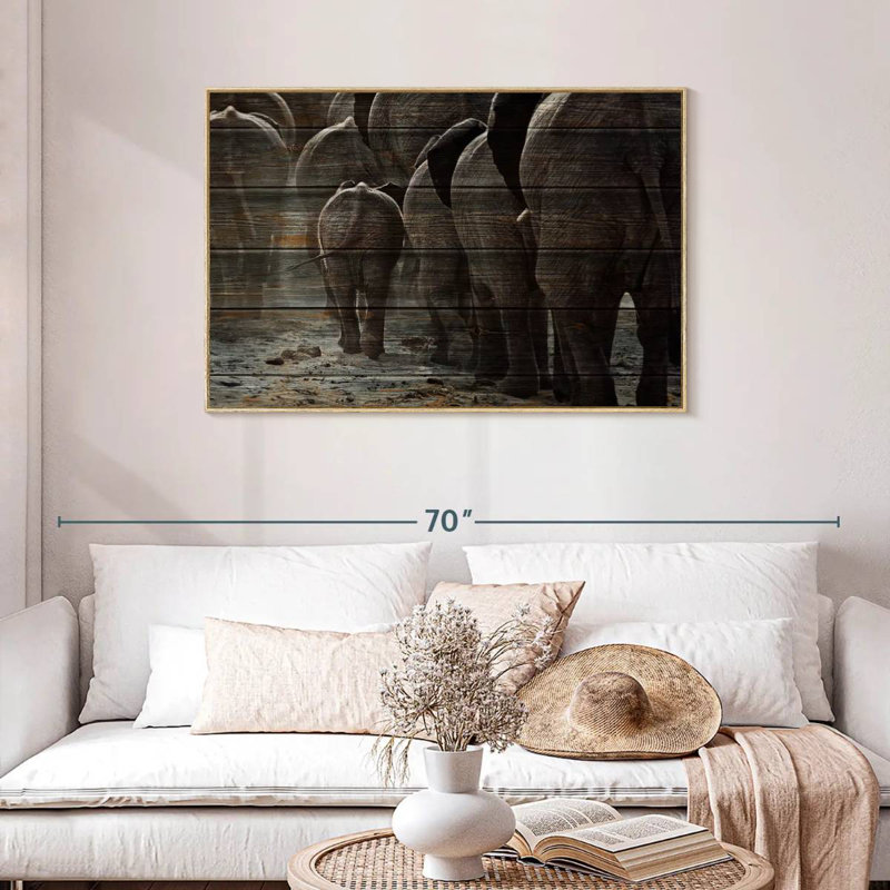 Éléphants texturés en bois, Cadre flottant en bois naturel, 43 po x 29 po