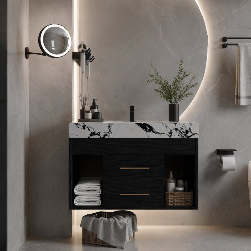 Wall Mounted Single Double Single Vanity Bathroom Vanity With Stone Top, Black,Black White