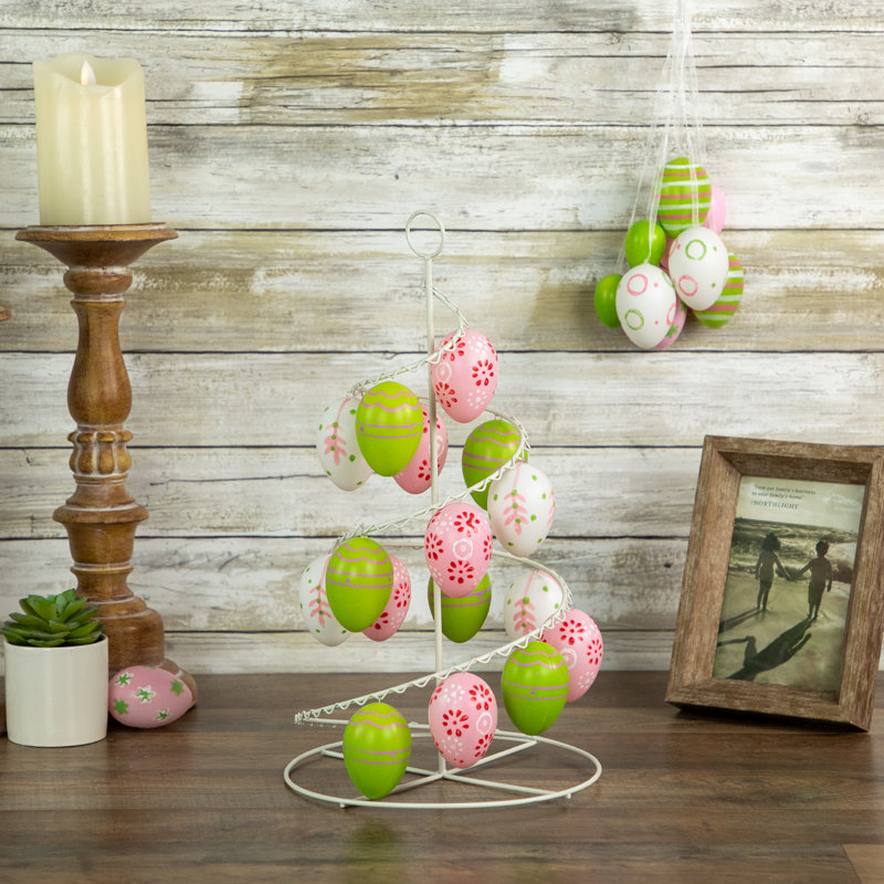 14.25" Pink White and Green Cut-Out Easter Egg Tree Tabletop Decor