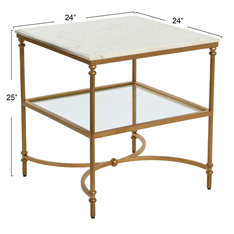 Libertine Genuine Marble and Metal End Table with Glass Storage Shelf, Gold
