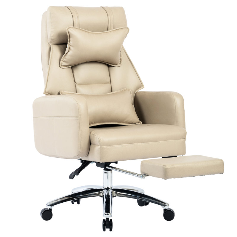Chaise de bureau à haut dossier avec résistance et technologie de repose-pieds inclinable beige à 155 °