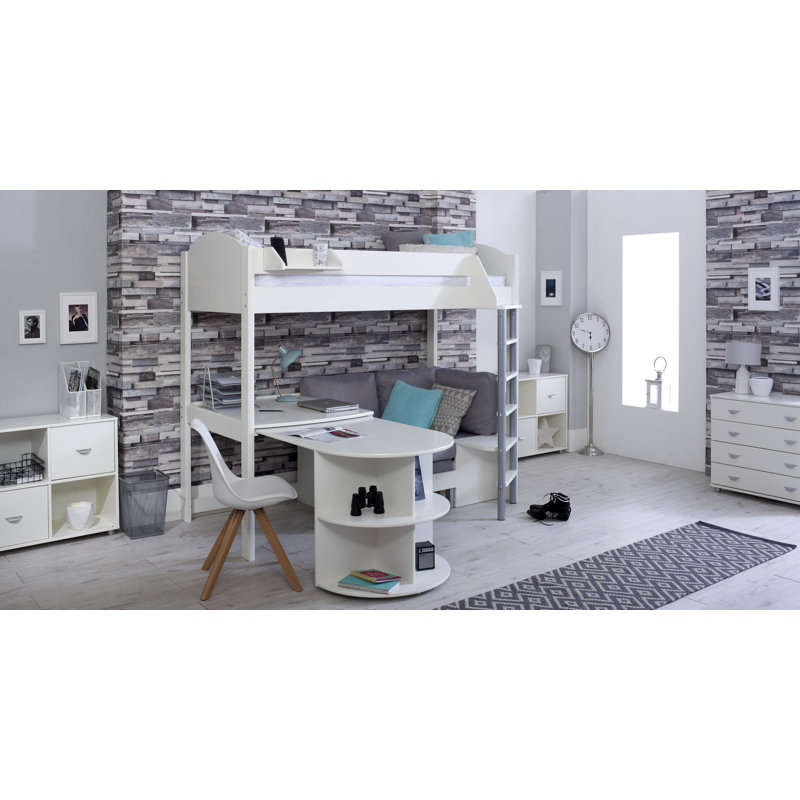 Melodie European Single (90 x 200cm) High Sleeper Loft Bed Bed with Bookcase, White, Silver