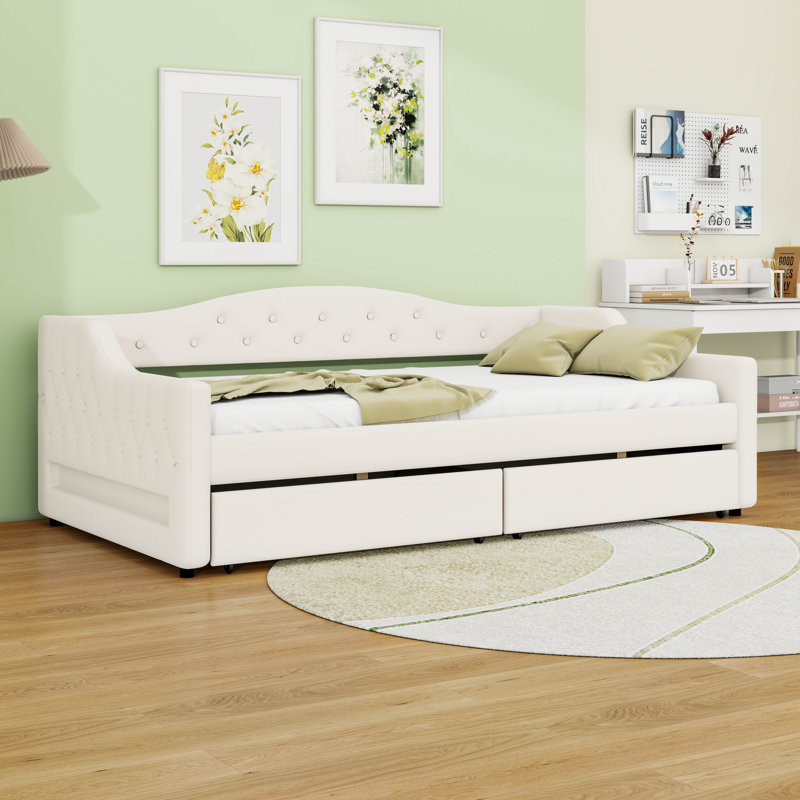 Lit de jour simple TG revêtu de lin avec éclairage DEL et deux tiroirs de rangement, Beige