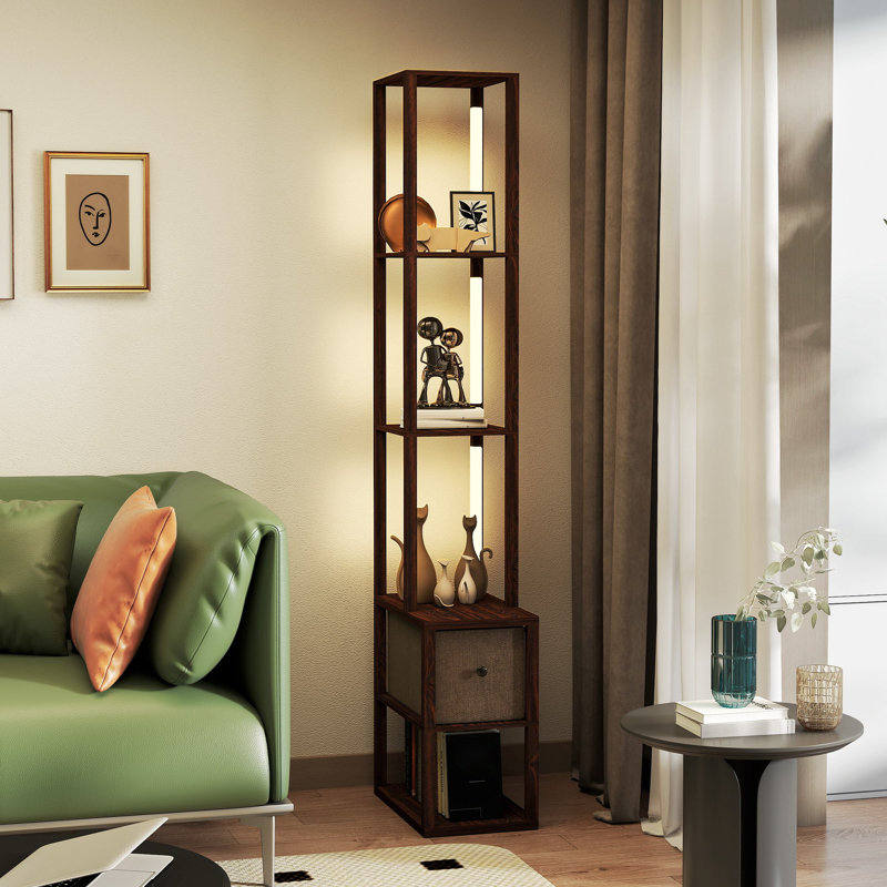  Floor Lamp with Shelves, LED Standing Lamp with Fabric Drawer, Oak, Brown