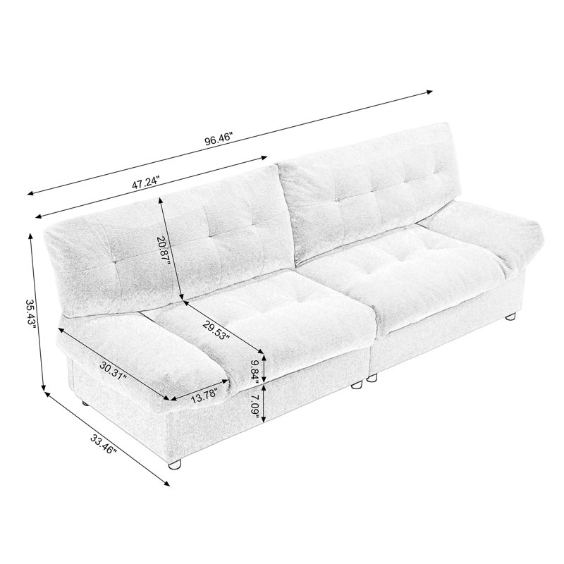 97" Upholstered Sofa, White Polyester Blend