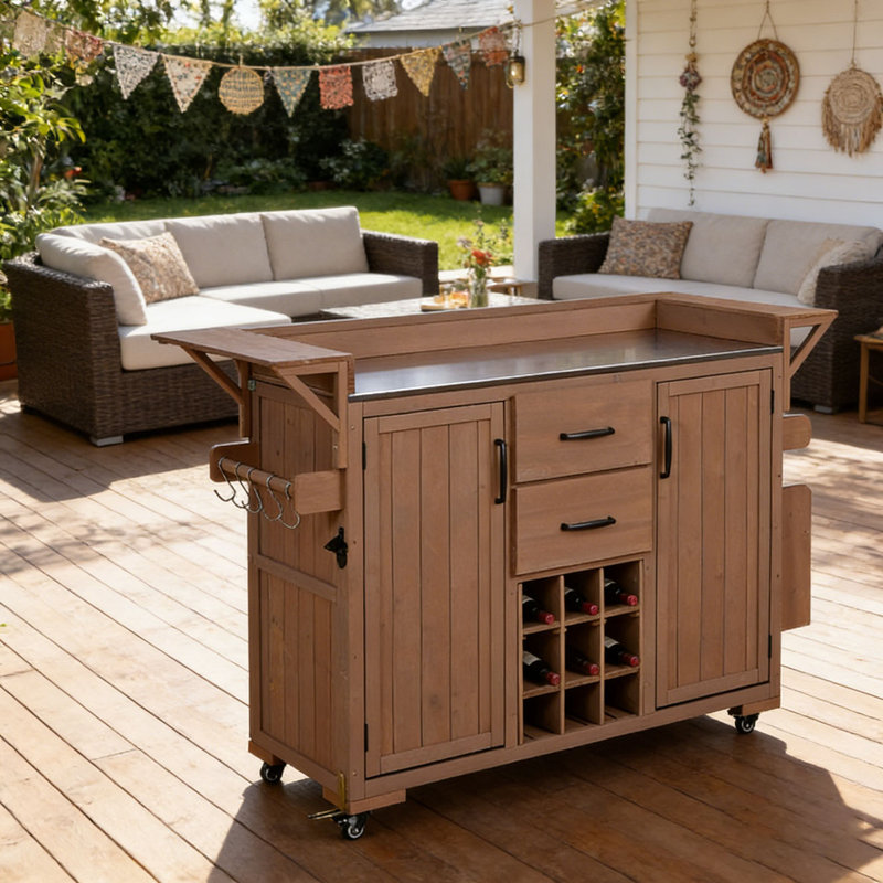Modern 60.2''W Outdoor Kitchen Island with Wheels, Rolling Patio BBQ Kitchen Cart with Stainless Steel Top, Brown