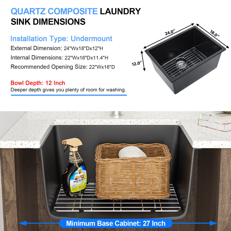 24" W x 18" D x 12" H Undermount Quartz Laundry Sink Deep Undermount Granite Composite Utility Sink, Black