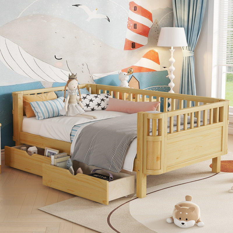 Twin Size Wood Platform Bed for Kids, Wood Low Profile Twin Bed with Rails for Girls and Boys, Natural, Natural, Twin