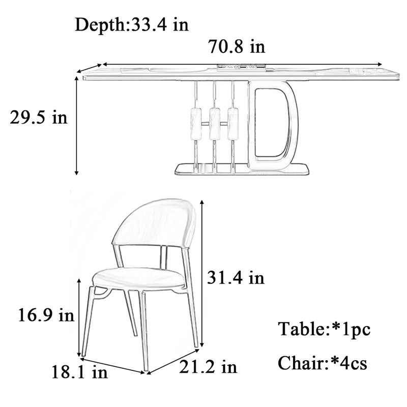 Table et chaise haut de gamme rectangulaire légère de luxe, Blanc / Gris, H 29,5 po x L 70,8 po x l 33,4 po