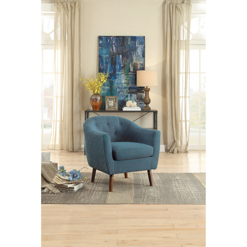 Chaise rembourrée en tissu texturé bleu, accents de style Mid-Century moderne, pieds de finition, profondeur de produit de 31 po, capacité de poids de 300 lb, structure en bois massif, largeur de 30,5 po, limite