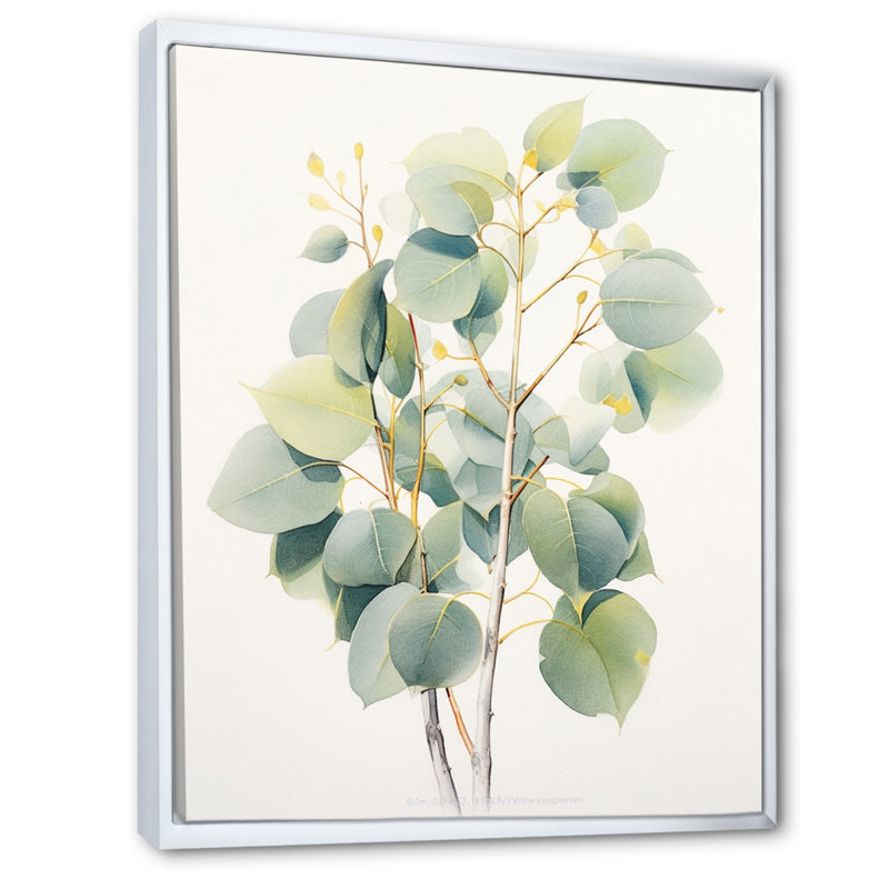 «Green Green Minimalisme Eucalyptus Essence V» sur toile, H 32 po x l 24 po x P 1,5 po, Cadre flottant blanc