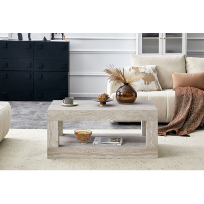 Table basse moderne à 2 niveaux pour mobilier de salon, table centrale rectangulaire avec tablette de rangement ouverte. La table basse à double couche est fabriquée en panneau de fibres à densité moyenne. Assemblage stable et durable, facile