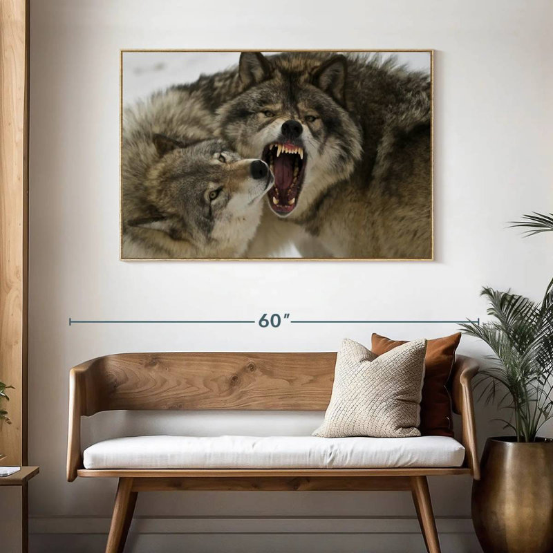 Combat de loups, Cadre flottant en bois naturel, 13 po x 9 po
