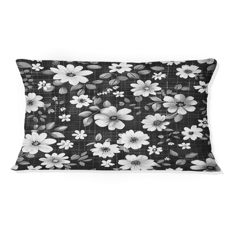 Noir, blanc, fleurs de campagne I - oreiller champêtre, H 12 po x l 20 po, Forme rectangulaire