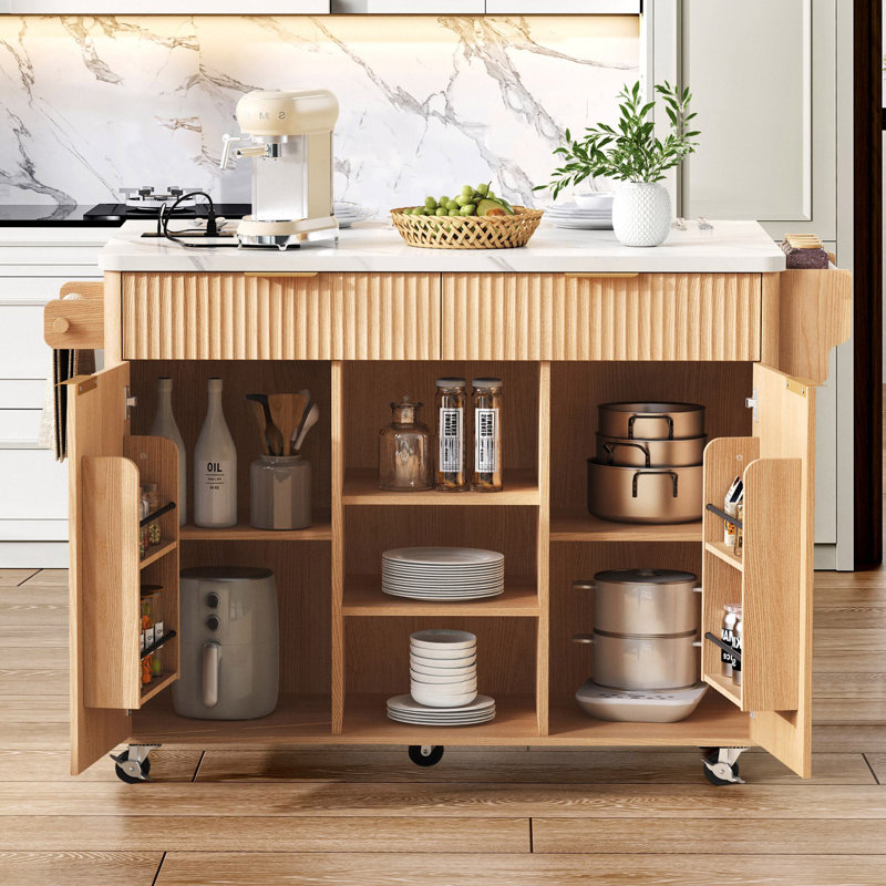 Wilbert 52" Fluted Kitchen Island with Drop Leaf, Shelves & Drawers, Natural