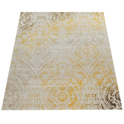 Tapis d’usage intérieur/extérieur jaune/beige damassé à tissage plat Disanto