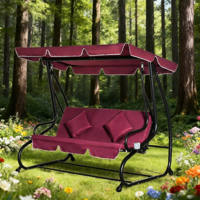 Balançoire rouge à 3 places avec auvent, coussin amovible et porte-gobelets, pour les espaces extérieurs dans le porche de la cour arrière, convertible en lit, structure en acier thermolaqué Capacité de 748 lb