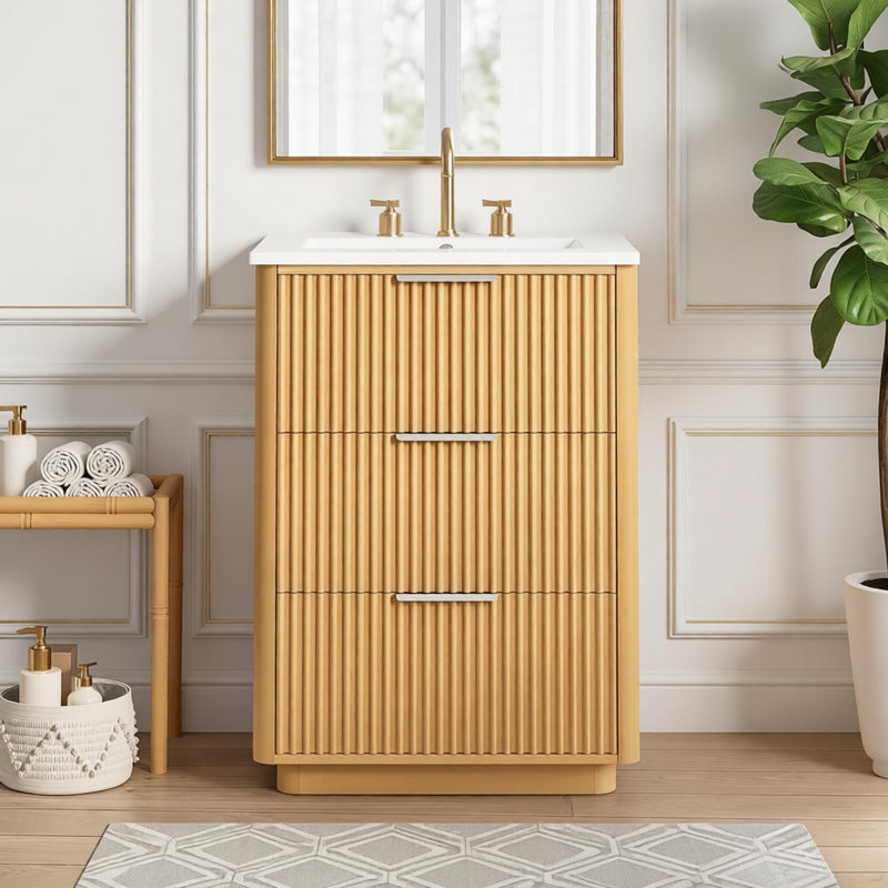 Meuble-lavabo de luxe moderne 24 po avec lavabo en céramique, armoire de salle de bain avec tablette ouverte et rangement fermé