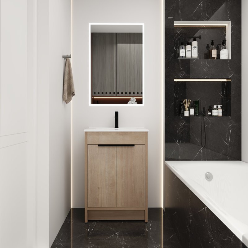 Ensemble de meuble-lavabo simple Addisun, Chêne clair uni, Blanc, 24"