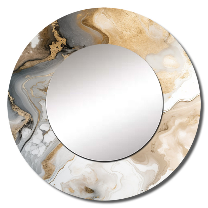 Prabhav or et gris un effet de marbre V - miroir mural décoratif, miroir rond moderne, impression d'art en métal