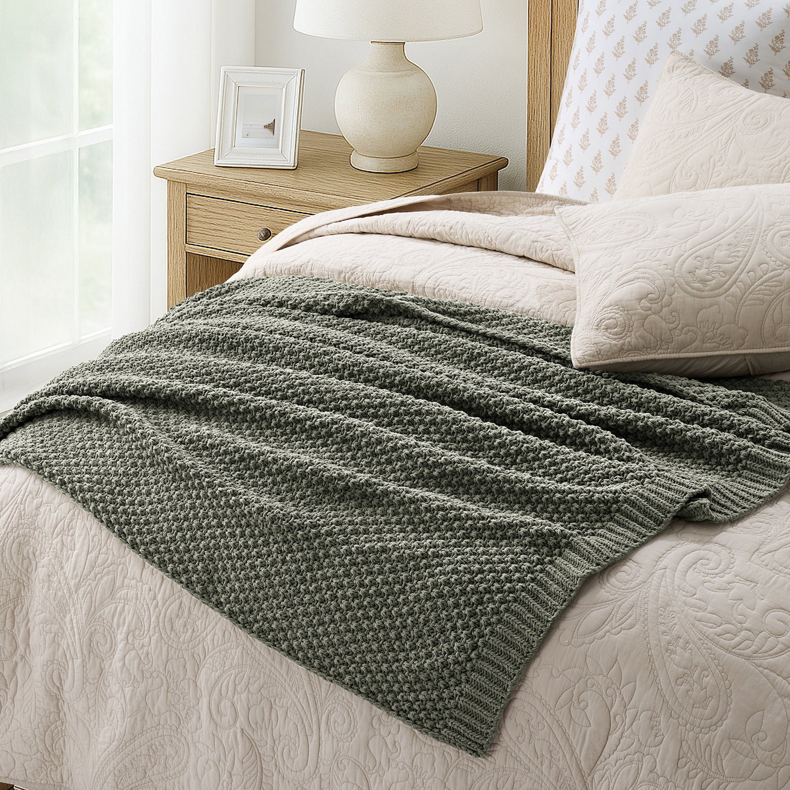 Chunky Chenille Knit Throw Blanket, 80" L x 60" W, Dried Thyme