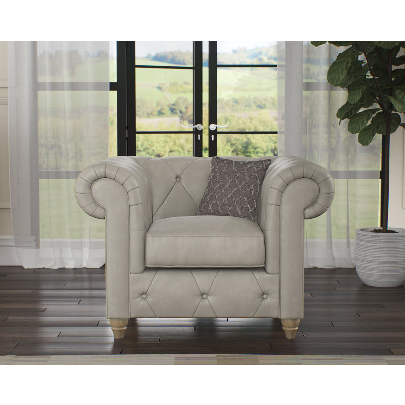 Melrose 115Cm Wide Tufted Genuine Leather Armchair, Walnut, Cloud Grey
