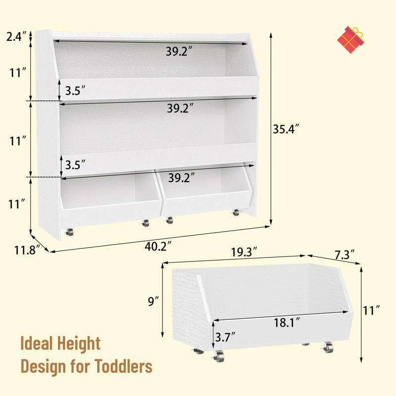 3-Tier Toy Storage & Organizer Bookshelf with Cubbies & 2 Removable Drawers - Kids Room Multi-Functional Storage Solution