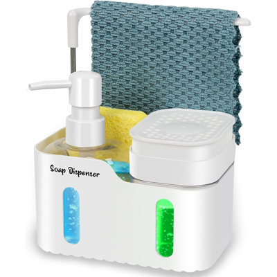 Distributeur de savon et lotion 4 en 1, accessoires pour évier de cuisine avec serviette et éponge épaisse en pâte de bois, distributeur de savon pour les mains et vaisselle à double pompe pour comptoir