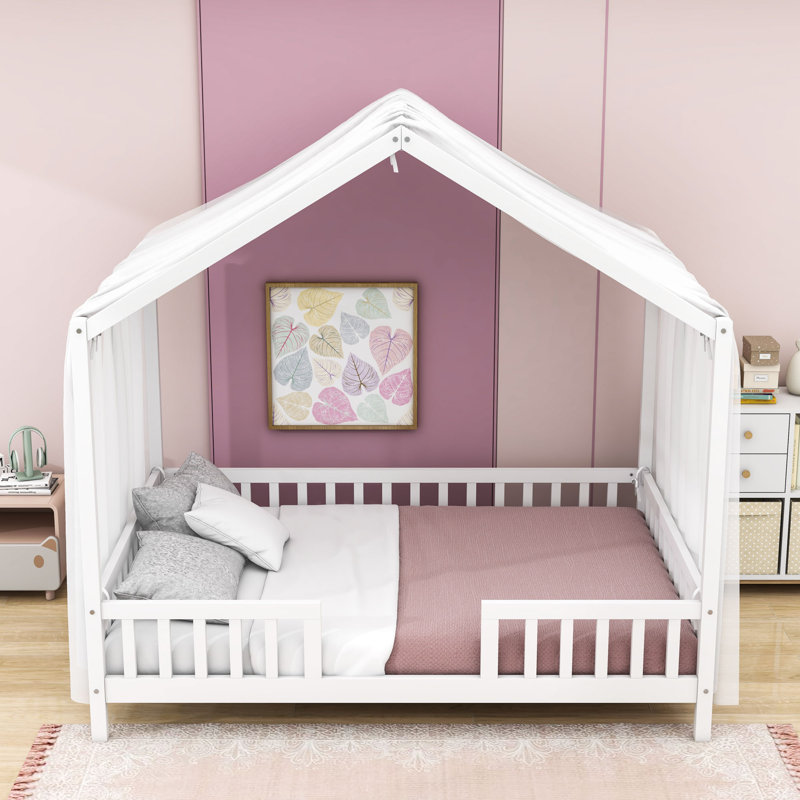 Montessori Wood Platform House Bed With Railings, Full, White