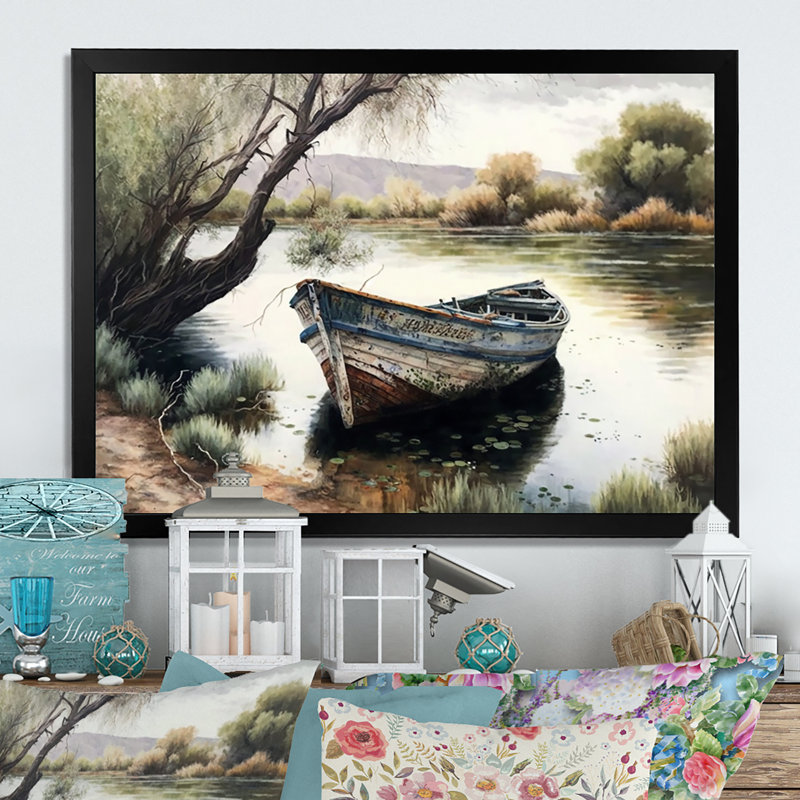 Bateau de pêche dans la rivière - Bateau, art mural, Cadre photo noir, L 20 po x H 12 po