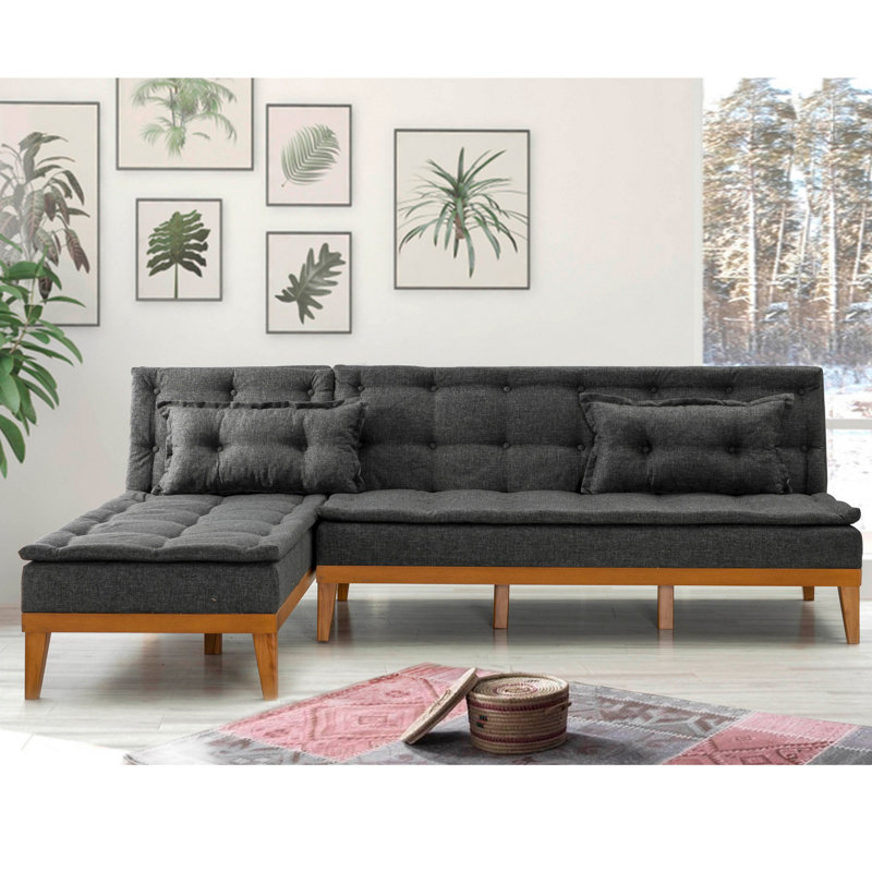 Upholstered L-Shaped Sectional, Anthracite 100% Linen, Left Hand Facing