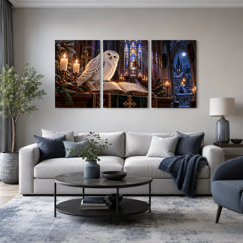 «Snowy Owl on Open Bible in St vitra», ensemble de 3 toiles murales, 36"W x 18"H Overall - 3 Panels