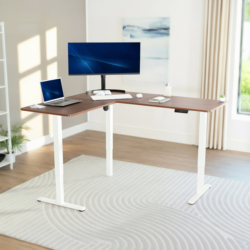 Bureau debout d'angle électrique VIVO, Noyer foncé / blanc, 55 po x 63 po